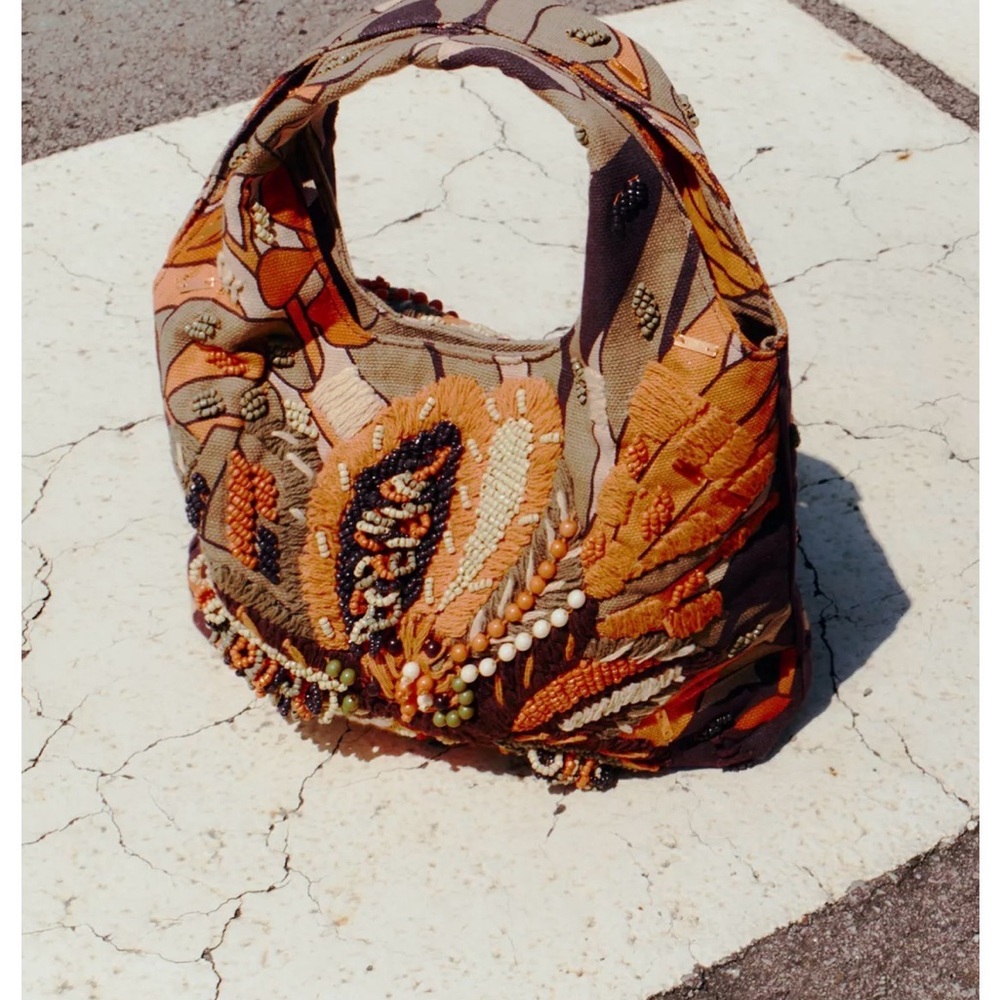NWT Zara multicolor sequin beaded Orange and Brown Floral Shoulder Bag - Picture 3 of 11